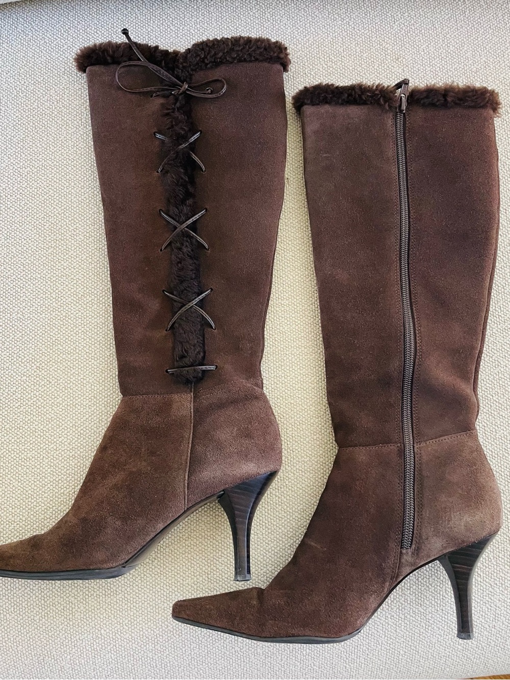 Ralph Lauren Devi Dark Brown Suede and Shearling Knee-High Heeled Boots